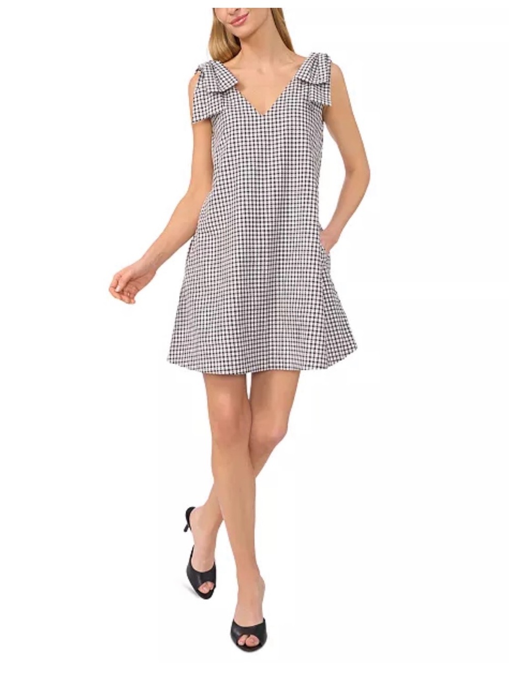 NWT- CeCe Women's Gingham Bow-Shoulder Mini Dress, black/white, size Medium